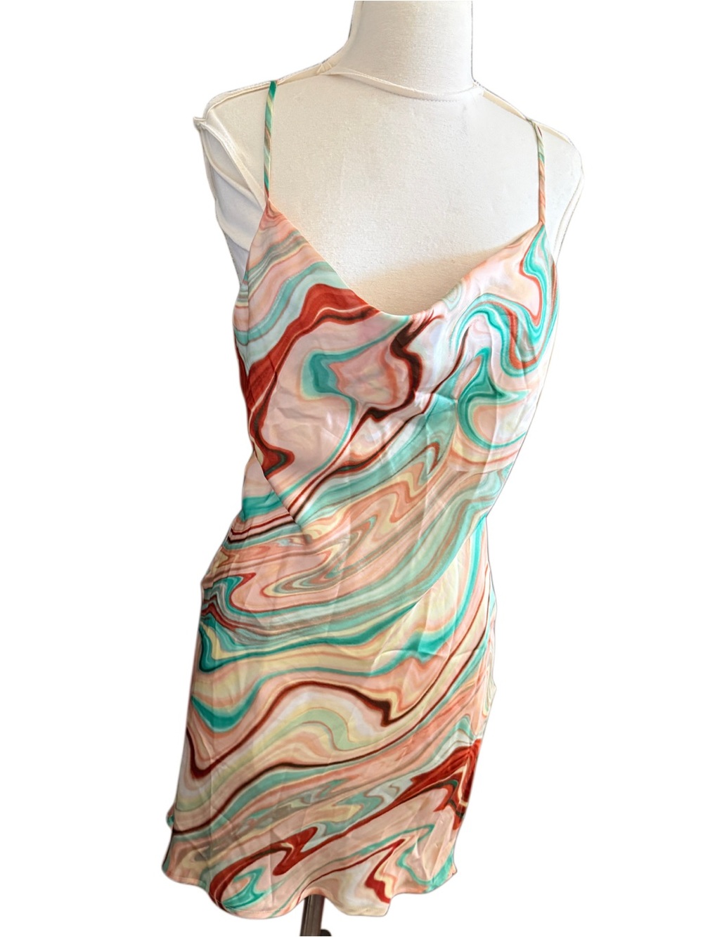 Audrey 3+1 Satin Marble Swirl Slip disco mod Dress in Teal & Rust Sz s